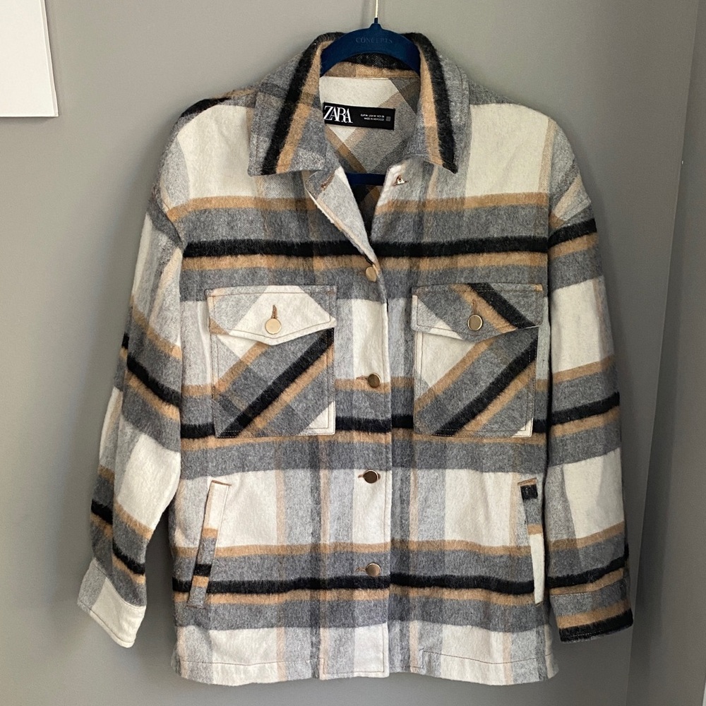 078. Zara Women's Plaid Jacket - Gray, Black, and Tan